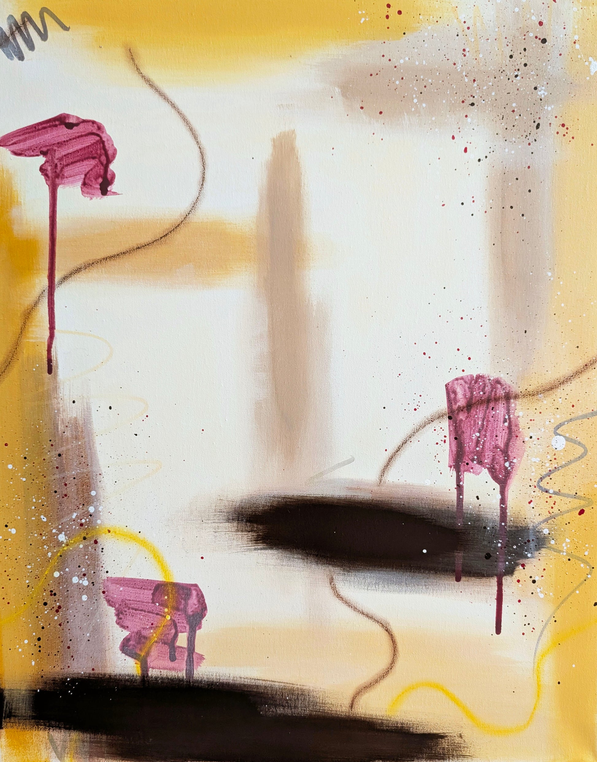 "Marigold" original abstract painting by Abby May Art. Minimalist cream composition featuring structural raw umber blocks and vibrant, sun-drenched golden yellow and marigold accents.