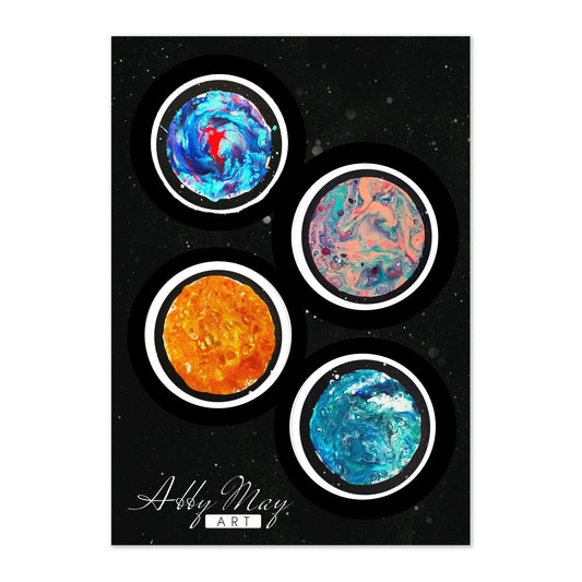 Flat lay of a sticker sheet featuring four circular moon-inspired fluid art stickers with bold black outlines on a starry black background. The stickers showcase abstract swirls in vibrant blue, pink, orange, and teal tones, branded with Abby May Art.