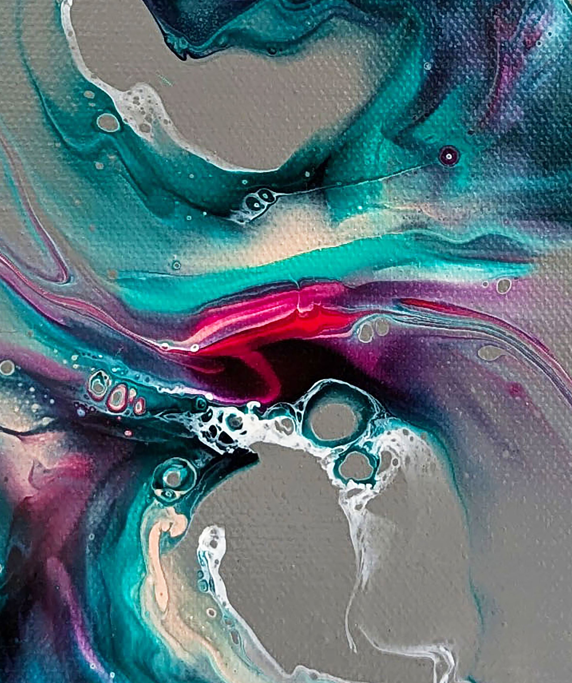 Close-up of Mystical Breeze fine art print showing deep teal, magenta, and violet tones flowing together in soft, organic motion with luminous highlights.