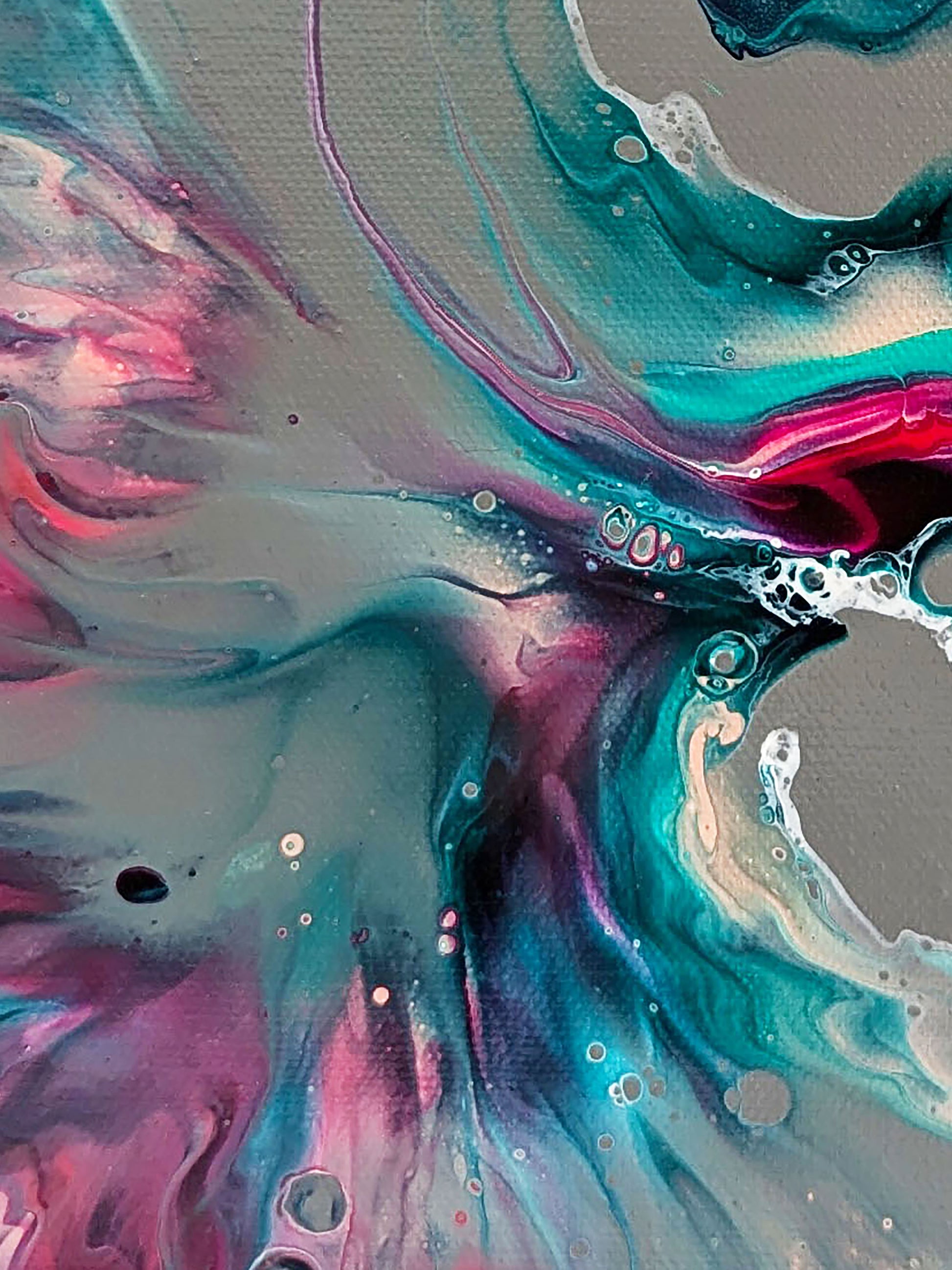Detail of Mystical Breeze abstract fluid art print, featuring sweeping ribbons of turquoise, magenta, and soft gray blending in smooth, airy movement.