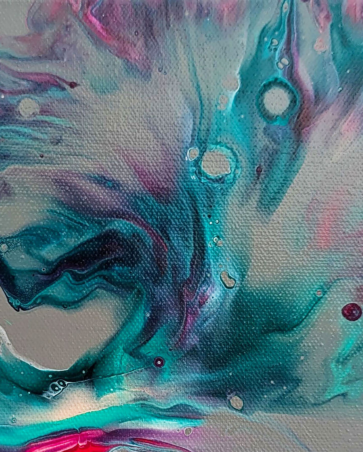 Macro view of Mystical Breeze Collector’s Edition print with glowing teal and violet hues, fine cell-like details, and subtle texture on canvas surface.