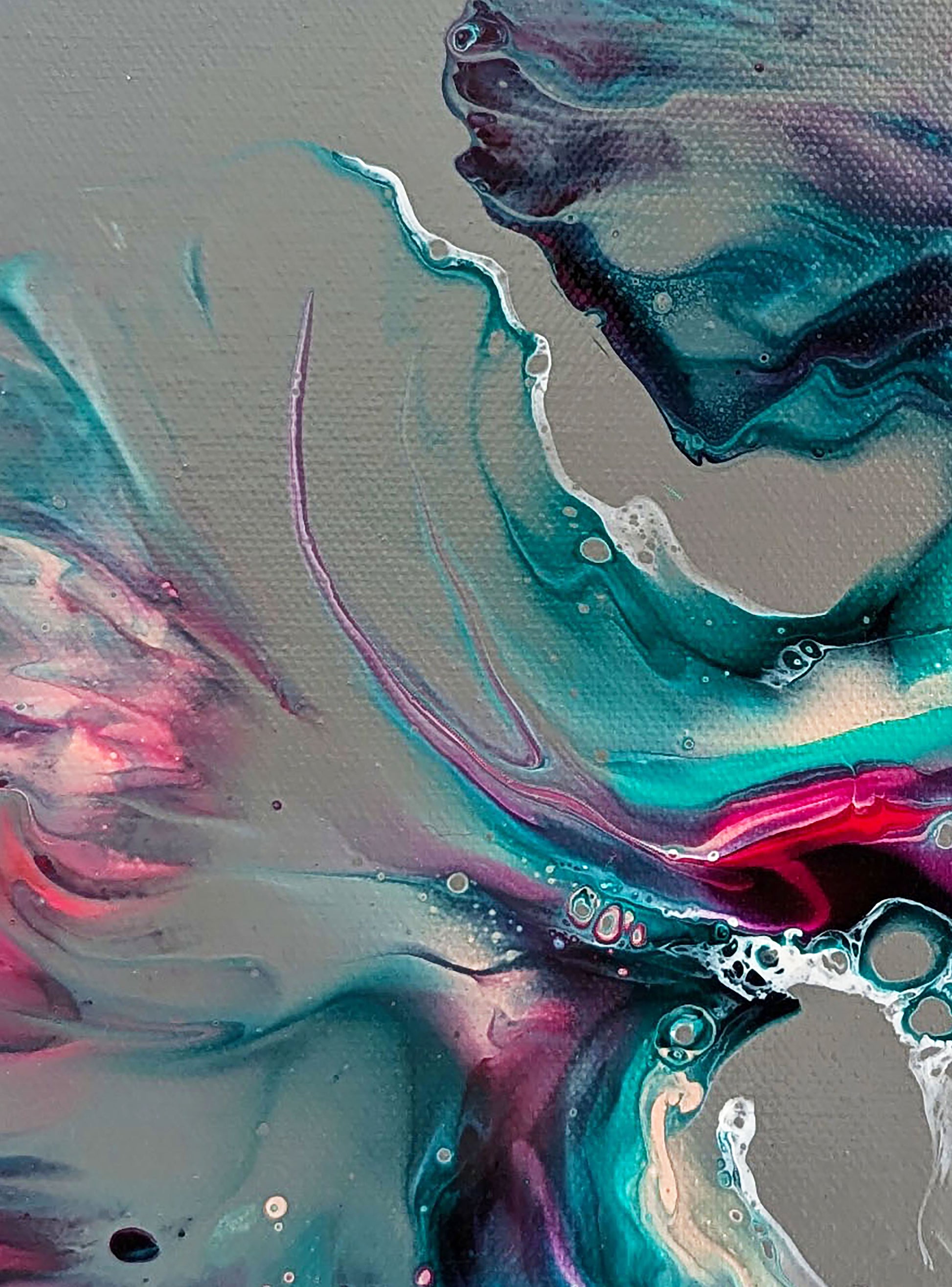 Close-up section of Mystical Breeze fine art print showing layered color transitions of pink, turquoise, and white over a cool gray background.