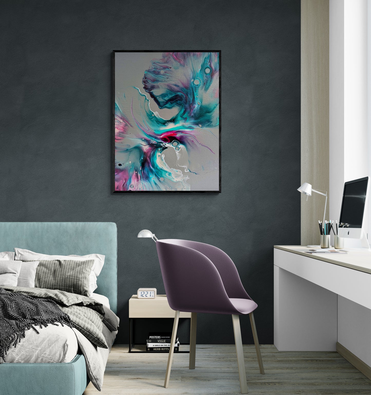 Mystical Breeze” Collector’s Edition print hanging above a contemporary bedroom workspace with teal and gray decor, complementing the artwork’s tones.
