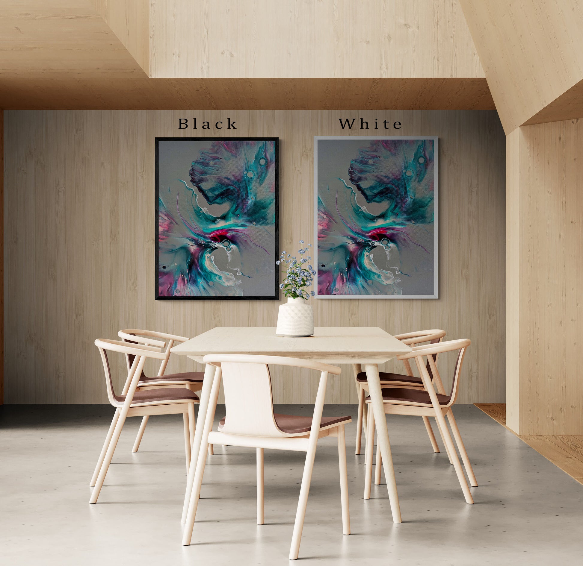 Side-by-side view of Mystical Breeze fine art print in black and white frame options above a modern dining table with light wood finishes.