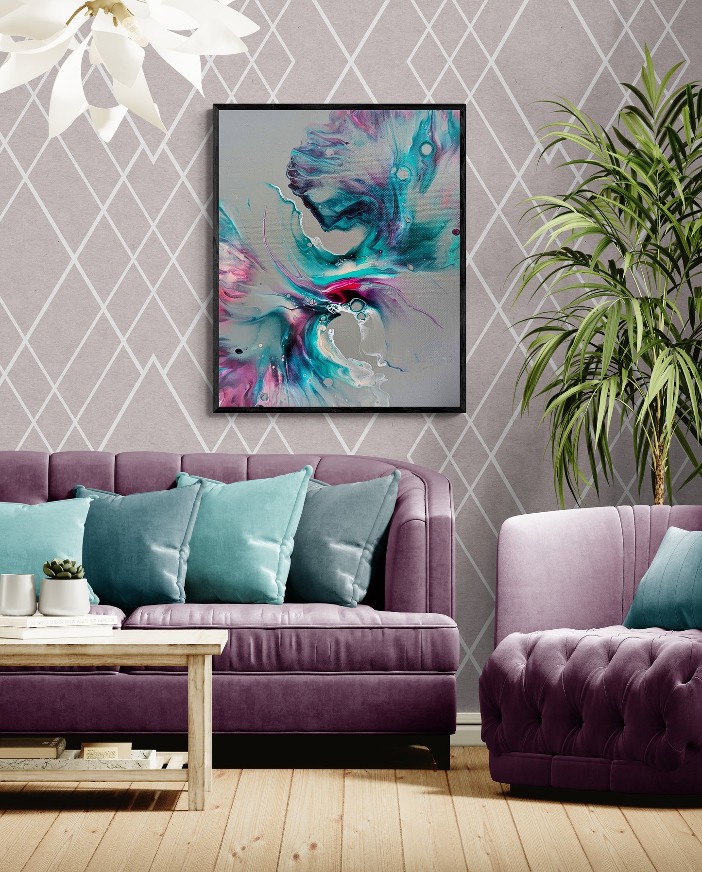 Large Mystical Breeze art print above a gray sofa with lavender lamps, creating a striking focal point with cool teal and magenta color movement.