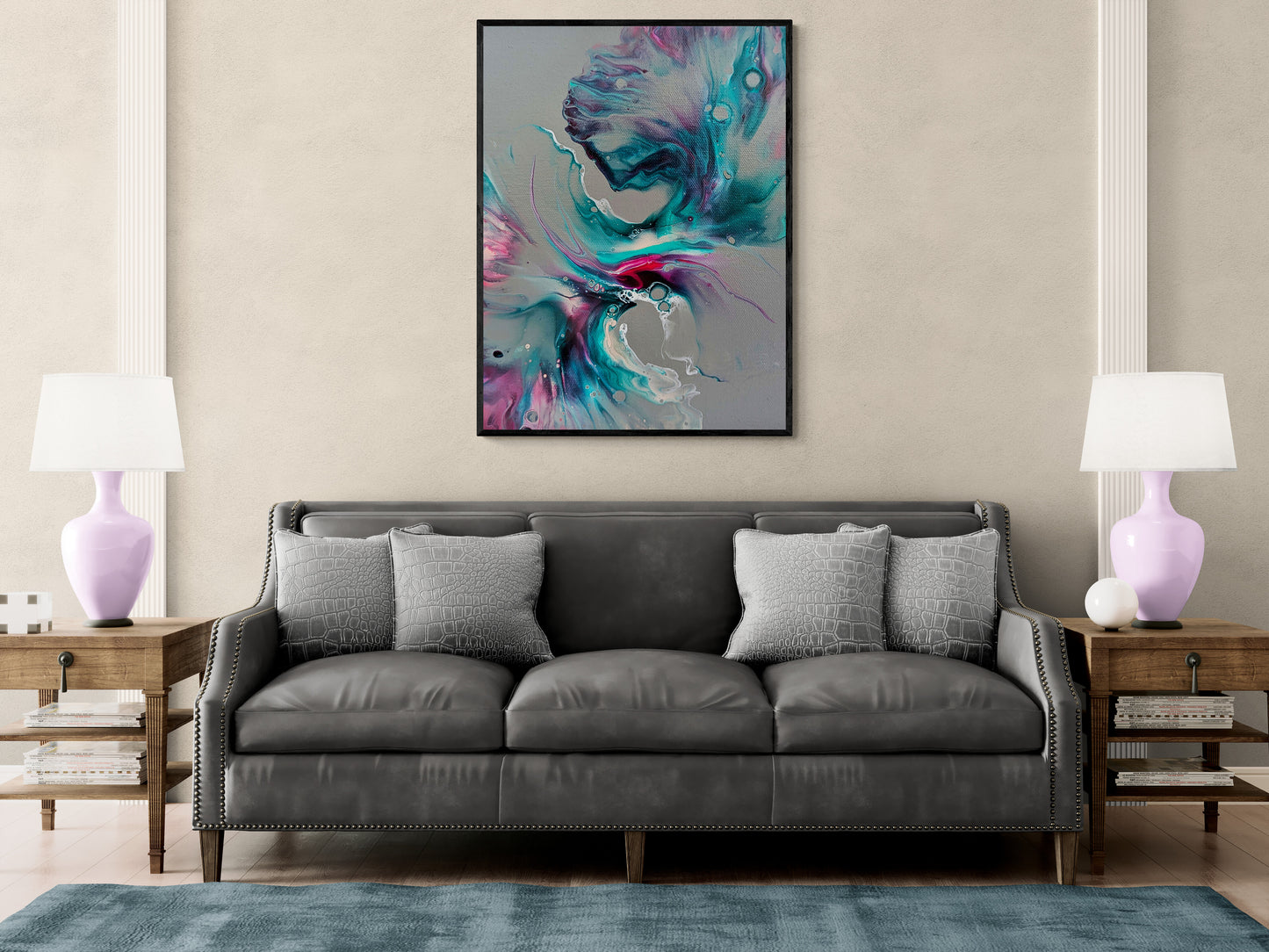 “Mystical Breeze” print in a modern living room with neutral tones and soft lavender accents, adding a sense of calm and movement to the space.