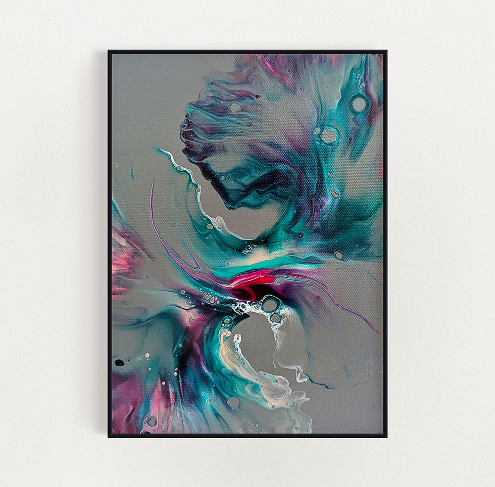 Framed Mystical Breeze fine art print featuring flowing teal, magenta, and violet tones over a soft gray background, capturing serene yet dynamic movement.