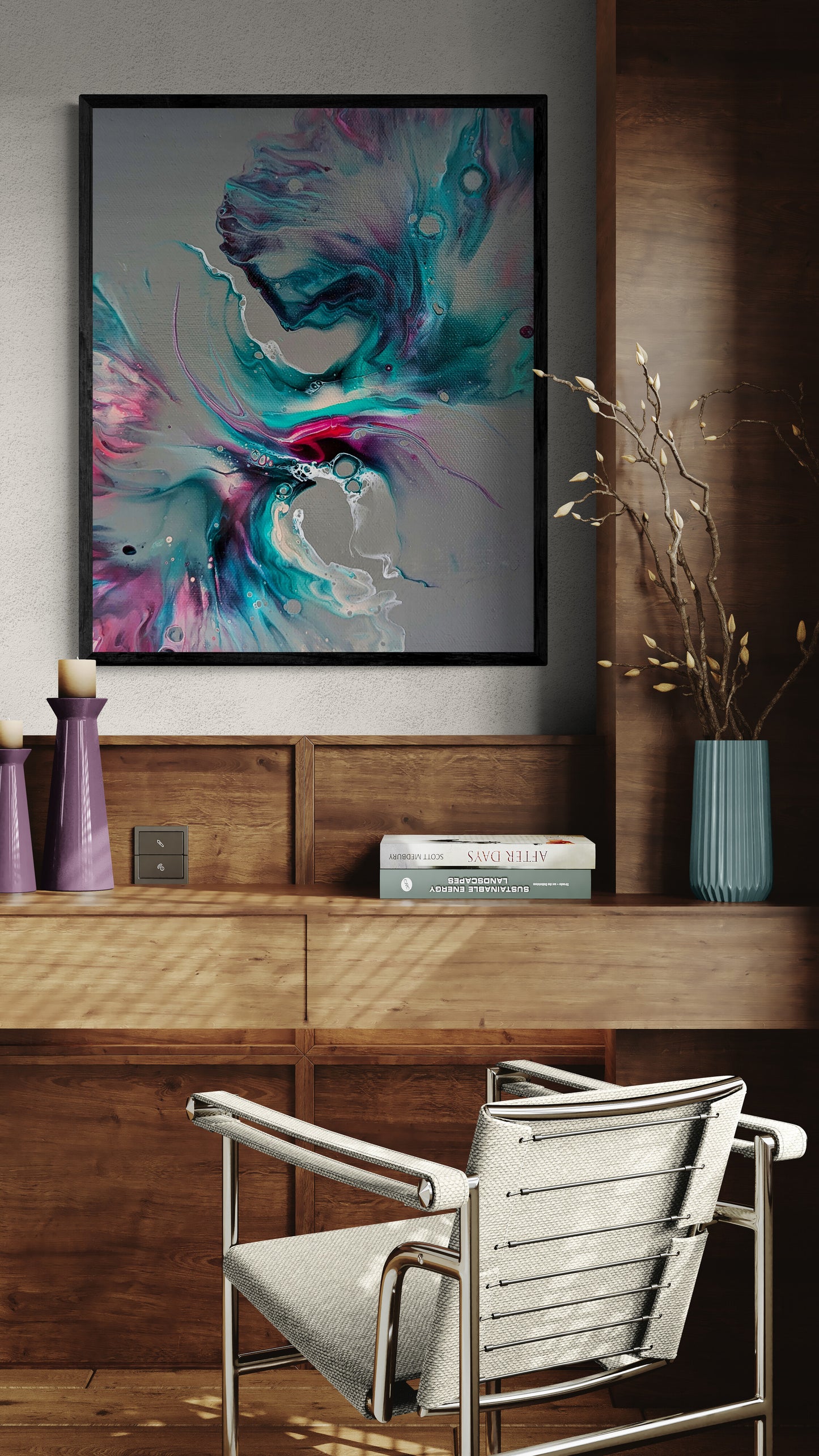 Mystical Breeze” fine art print featured in a modern office space with wood paneling, neutral tones, and natural light, enhancing a calm, creative mood.