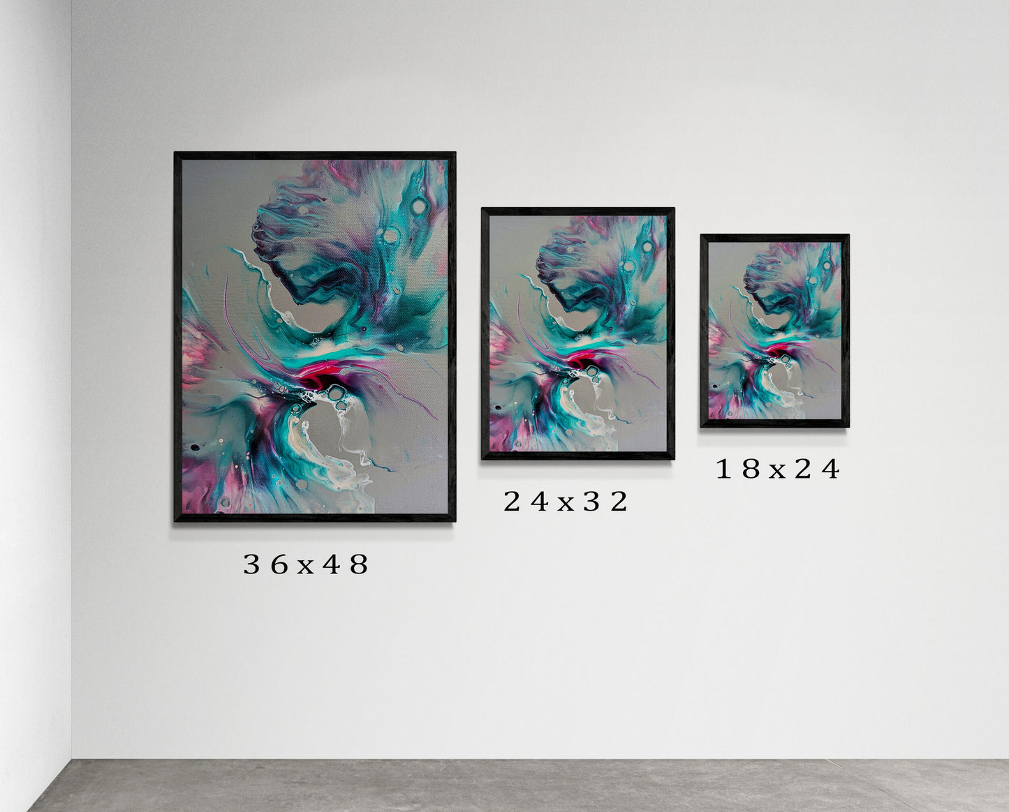Mystical Breeze Collector’s Edition print displayed in three framed sizes—18x24, 24x32, and 36x48 inches—on a minimalist gallery wall.