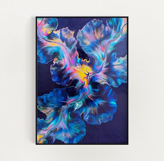 A stunning abstract fluid painting titled 'Nebula Bloom,' featuring a deep blue background with radiant bursts of light. The swirling colors and delicate cellular patterns resemble a blossoming nebula in deep space