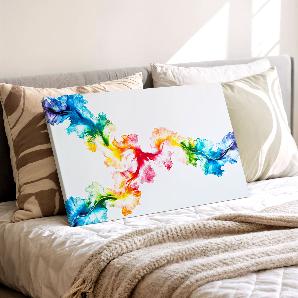 Never Dim Your Light, an original fluid painting by Abby May, shown in a room leaning on a bed.
