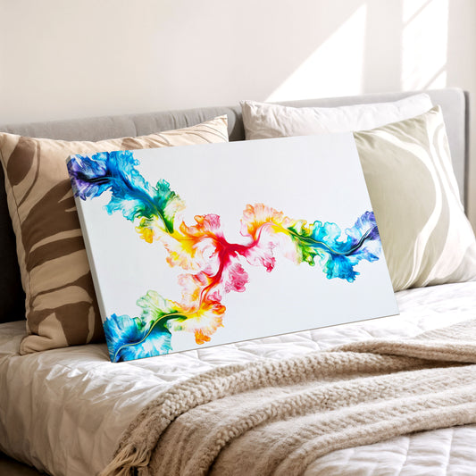 Never Dim Your Light, an original fluid painting by Abby May, shown in a room leaning on a bed.