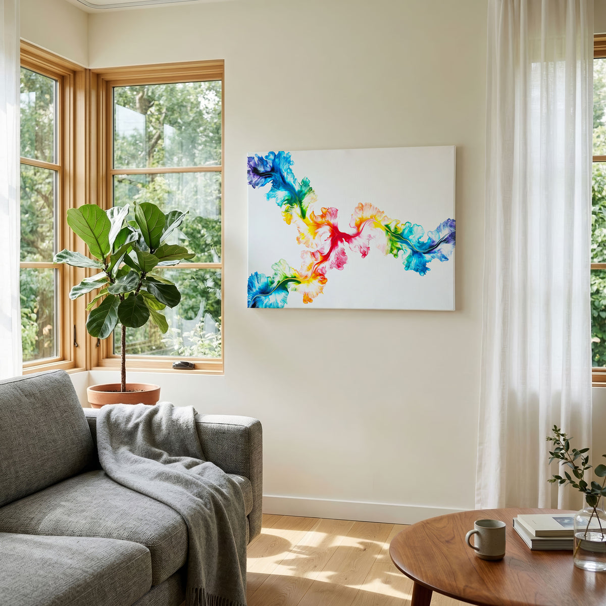 Never Dim Your Light, an original fluid painting by Abby May, shown in a room on a wall beside a window and a plant.