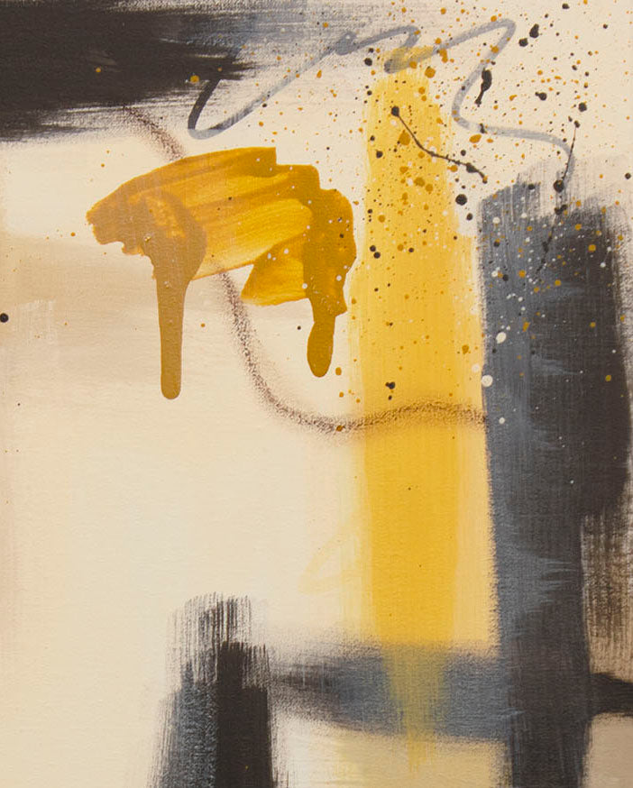 Close-up detail of "Ochre Drift" abstract painting, highlighting the tactile texture of browm oil pastel sweeps and fine marks over raw umber.