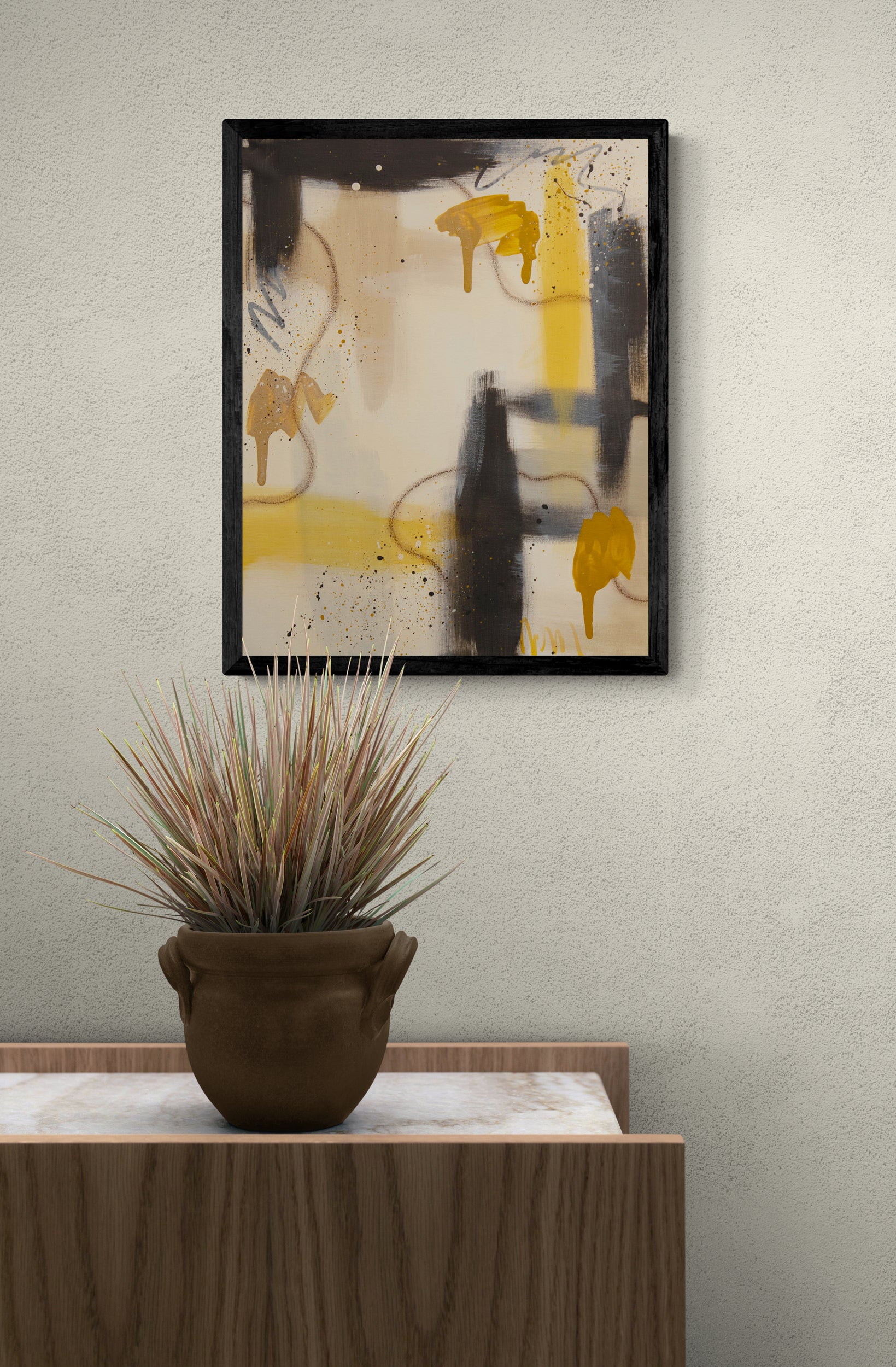 Abstract art "Ochre Drift" by Abby May displayed above a cabinet, showcasing the piece's grounding raw umber structures and sophisticated neutral palette.