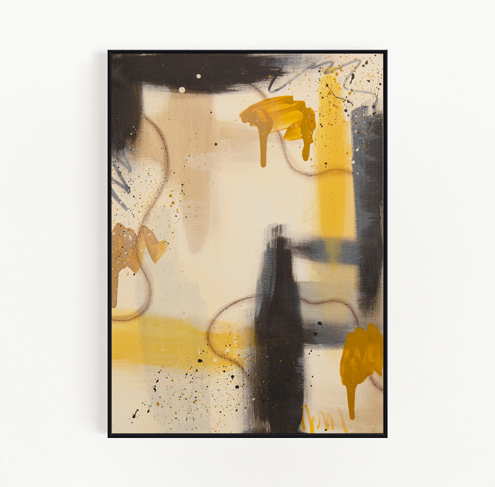 Interior design inspiration featuring "Ochre Drift" by Abby May Art, a one-of-a-kind abstract painting that balances structural strength with earthy, radiant energy.