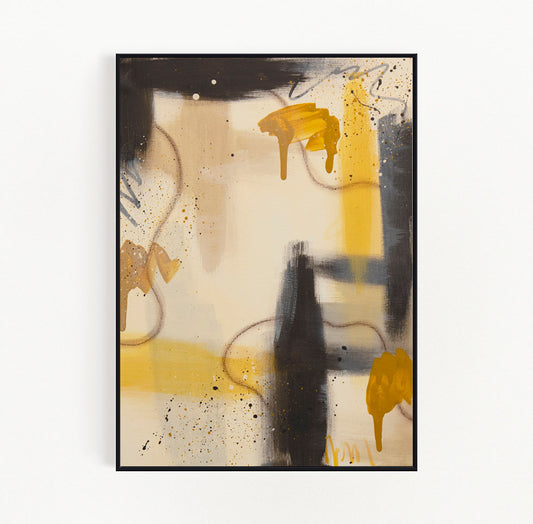 Interior design inspiration featuring "Ochre Drift" by Abby May Art, a one-of-a-kind abstract painting that balances structural strength with earthy, radiant energy.