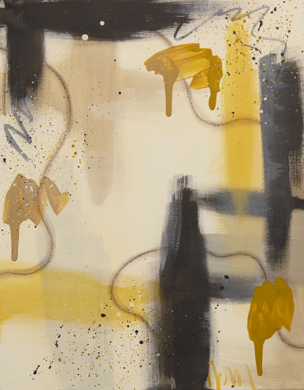 "Ochre Drift" original abstract painting by Abby May. A cream composition featuring bold raw umber framing and warm, radiant golden ochre accents.