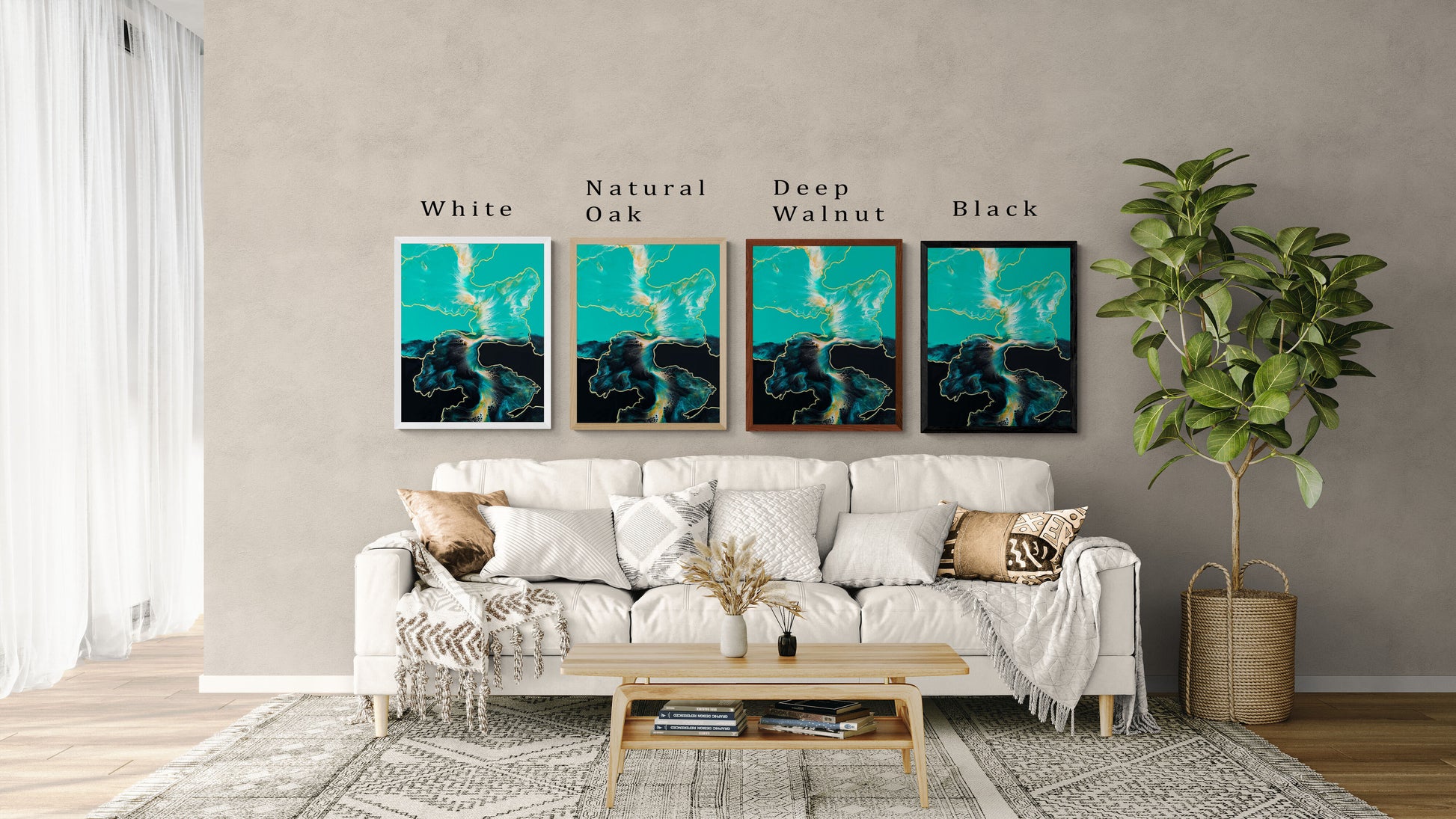 Neutral living room interior showing four framed versions of the same abstract painting above a cream sofa. The artwork features bold teal, black, and gold fluid patterns with soft marbled transitions. Each piece is displayed in a different frame—White, Natural Oak, Deep Walnut, and Black—so viewers can compare how the artwork looks with various frame finishes.