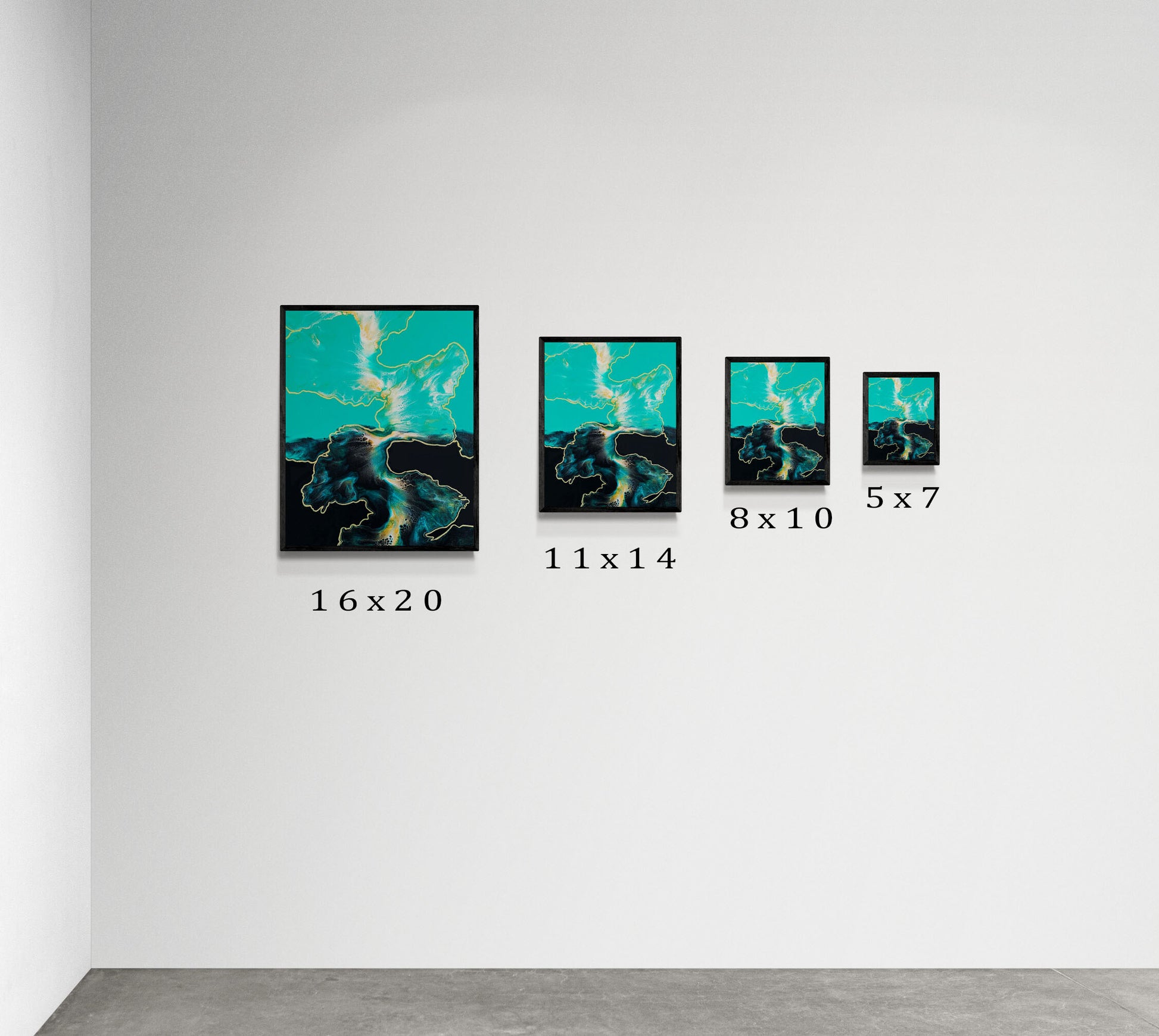 Minimalist gallery-style wall featuring the Outside the Lines artwork in four sizes: 16x20, 11x14, 8x10, and 5x7. Each print is shown in a black frame, displaying the teal, black, and gold abstract fluid design, arranged from largest to smallest with size labels beneath.