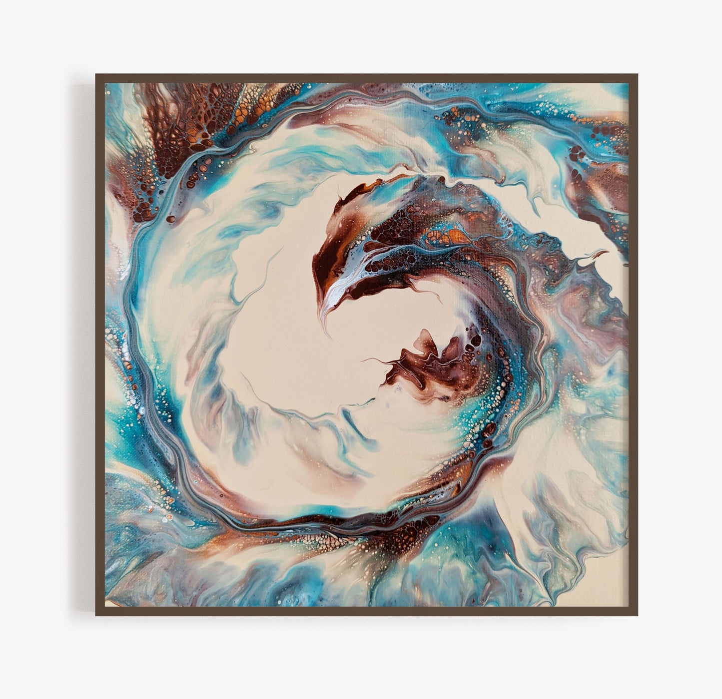 Abstract fluid painting 'Phoenix' by Abby May Art, featuring swirling brown, copper, blue, and beige tones with splashes of white.