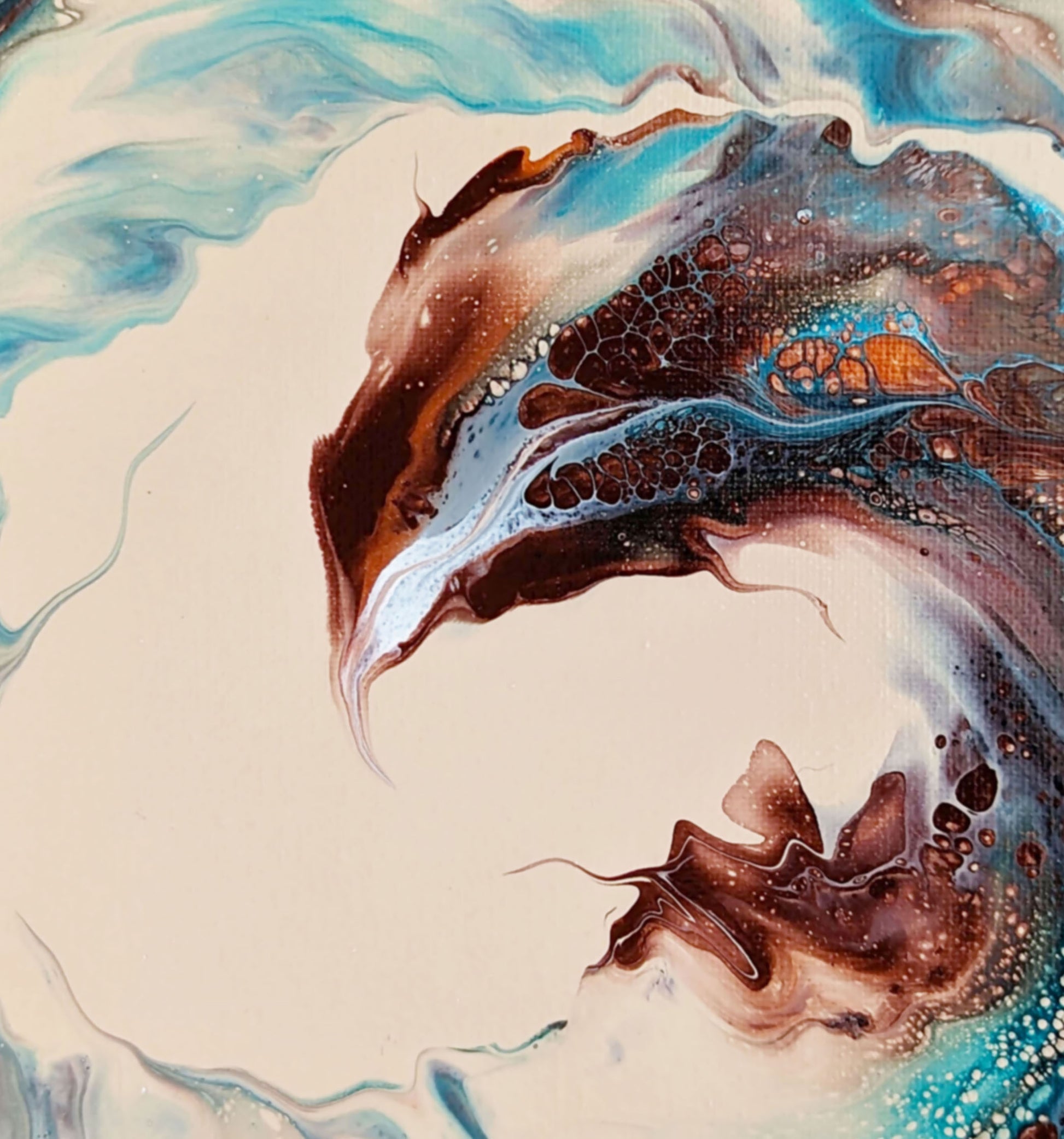 Abstract close-up of Phoenix acrylic fluid art painting, featuring swirling shades of turquoise, copper, and white with intricate cell patterns