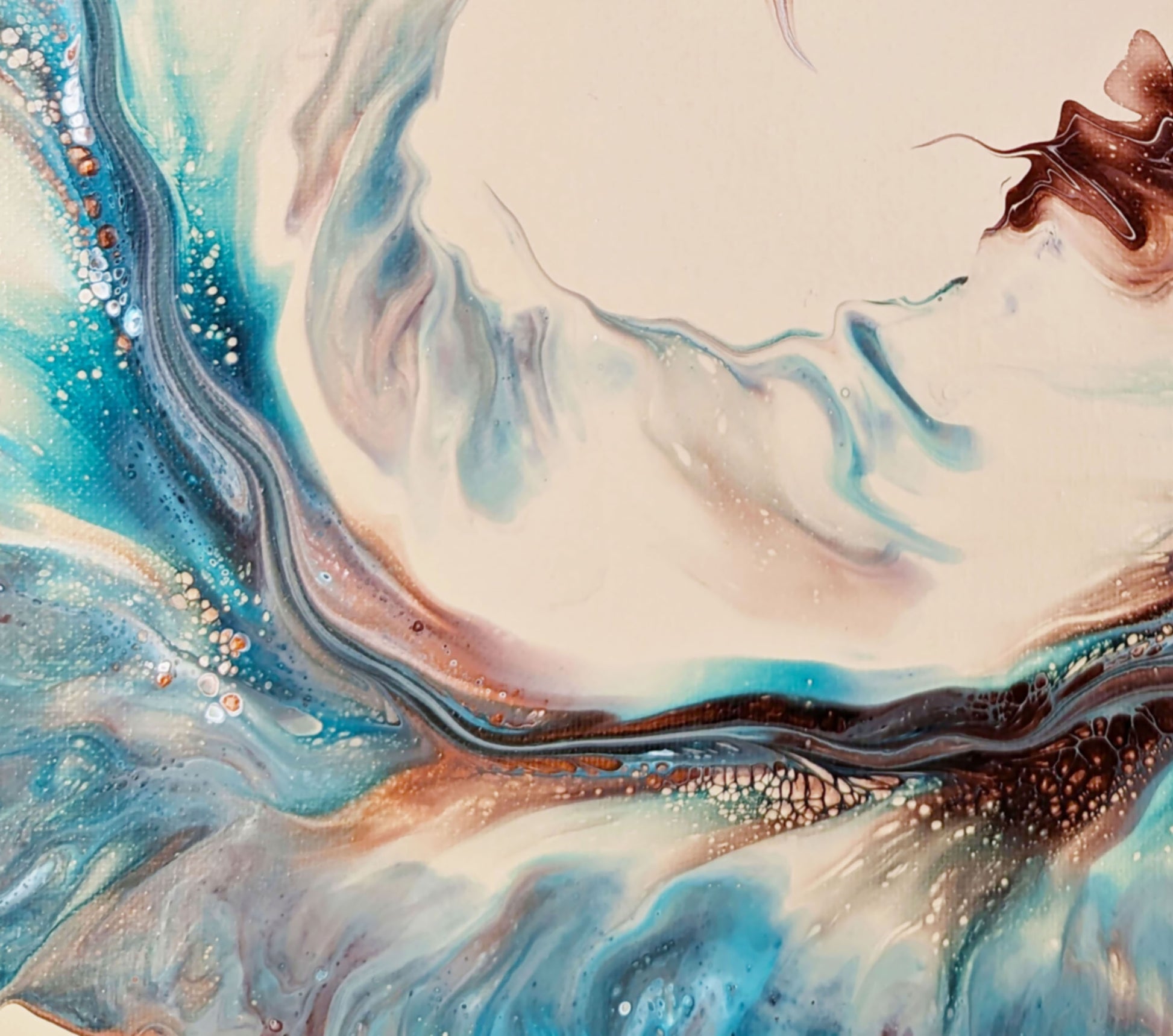 Macro of Phoenix fluid art print, showing layered turquoise, brown, and white paint cells with shimmering texture.