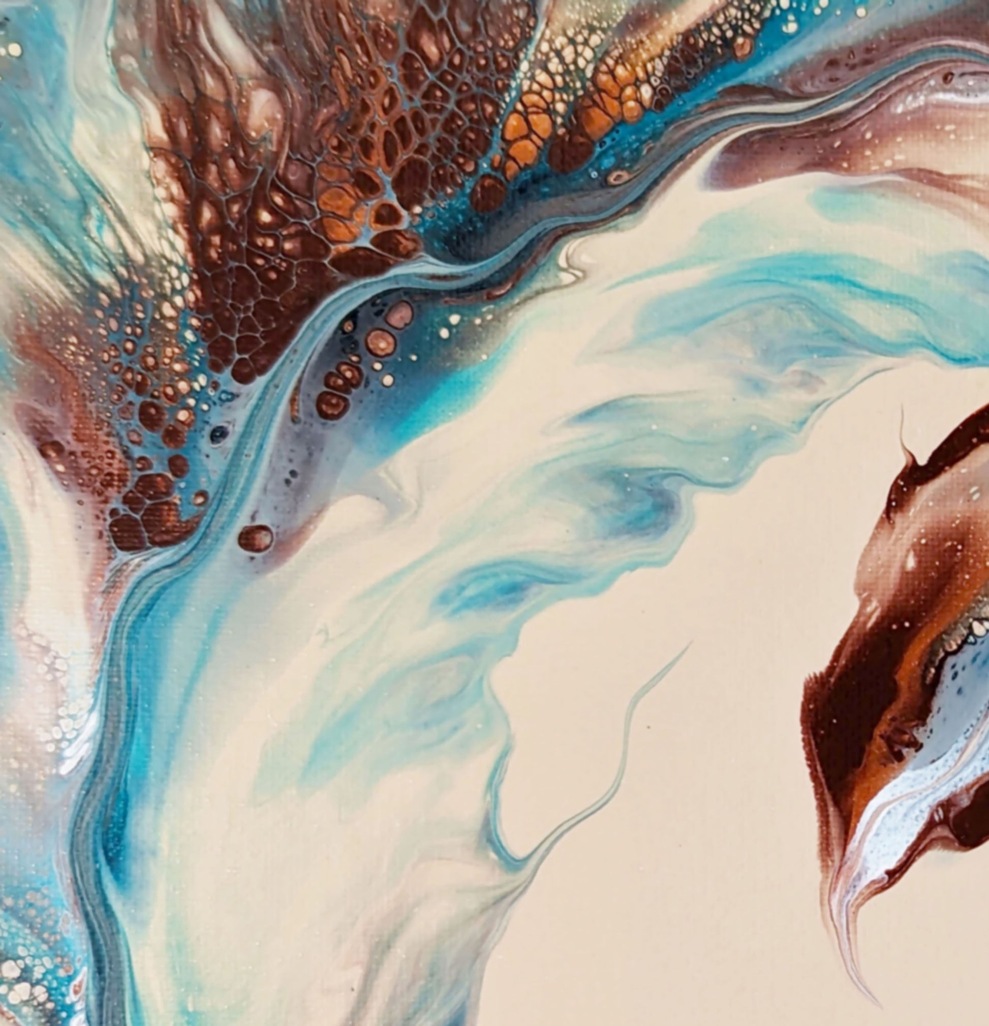 Close-up of Phoenix abstract painting, with fiery copper details blending into soft waves of teal and cream.