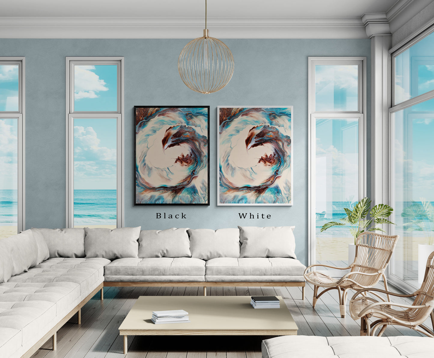 Two versions of the “Phoenix” print are shown side by side in Black and White frame options. The swirling copper and turquoise abstract design appears in both frame styles to help visualize selection.