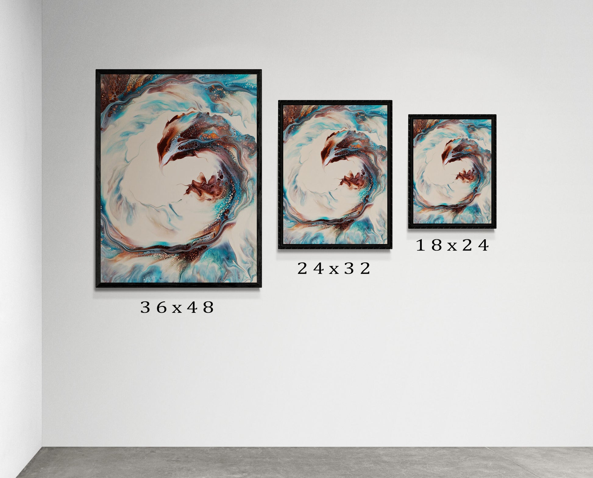Three framed collector’s edition prints of “Phoenix” are shown in 36×48, 24×32, and 18×24 inches. The artwork’s fluid copper, turquoise, and cream vortex design is displayed to show scale options.