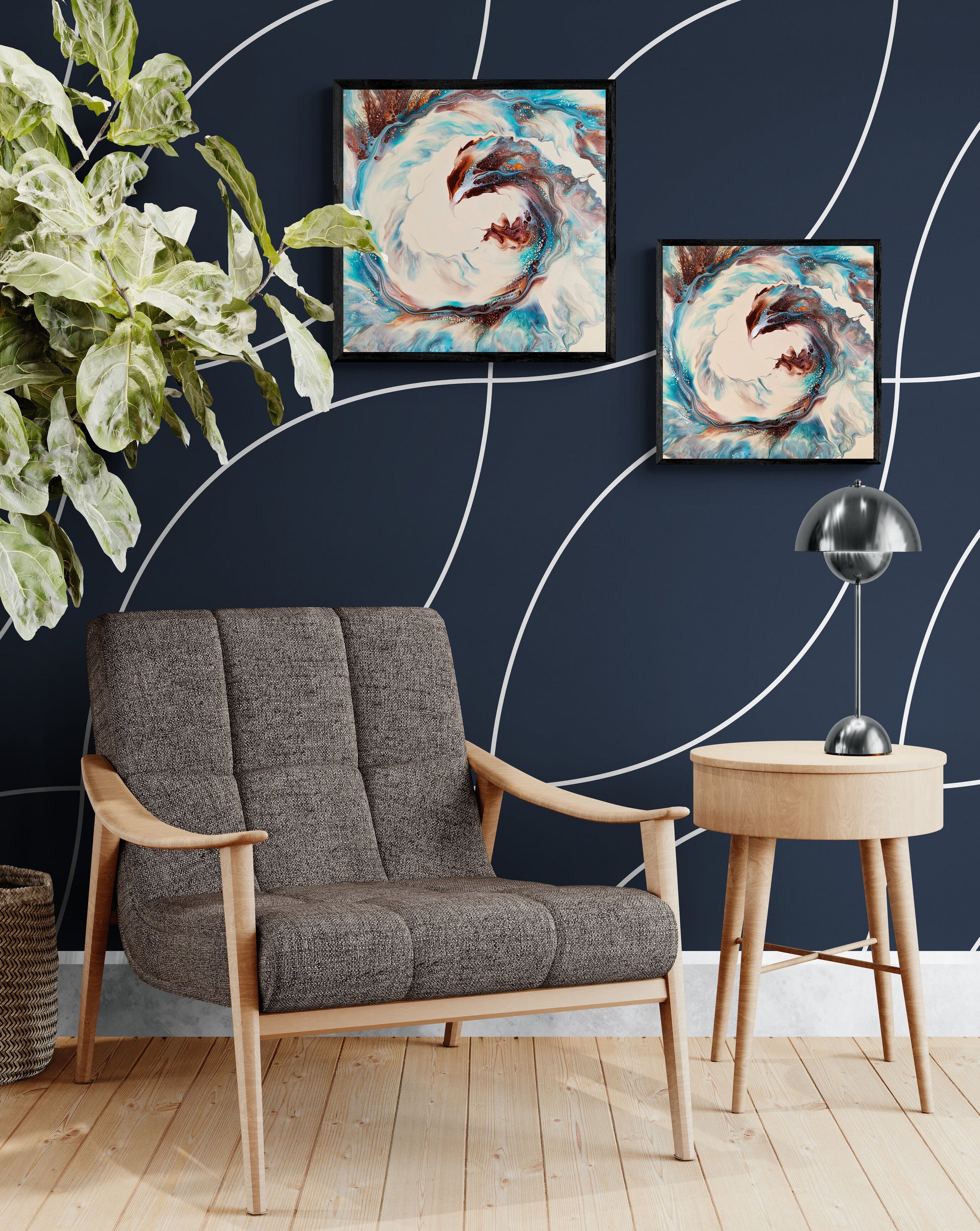 Phoenix acrylic fluid art print displayed in two sizes on a modern navy wall with curved white accents.