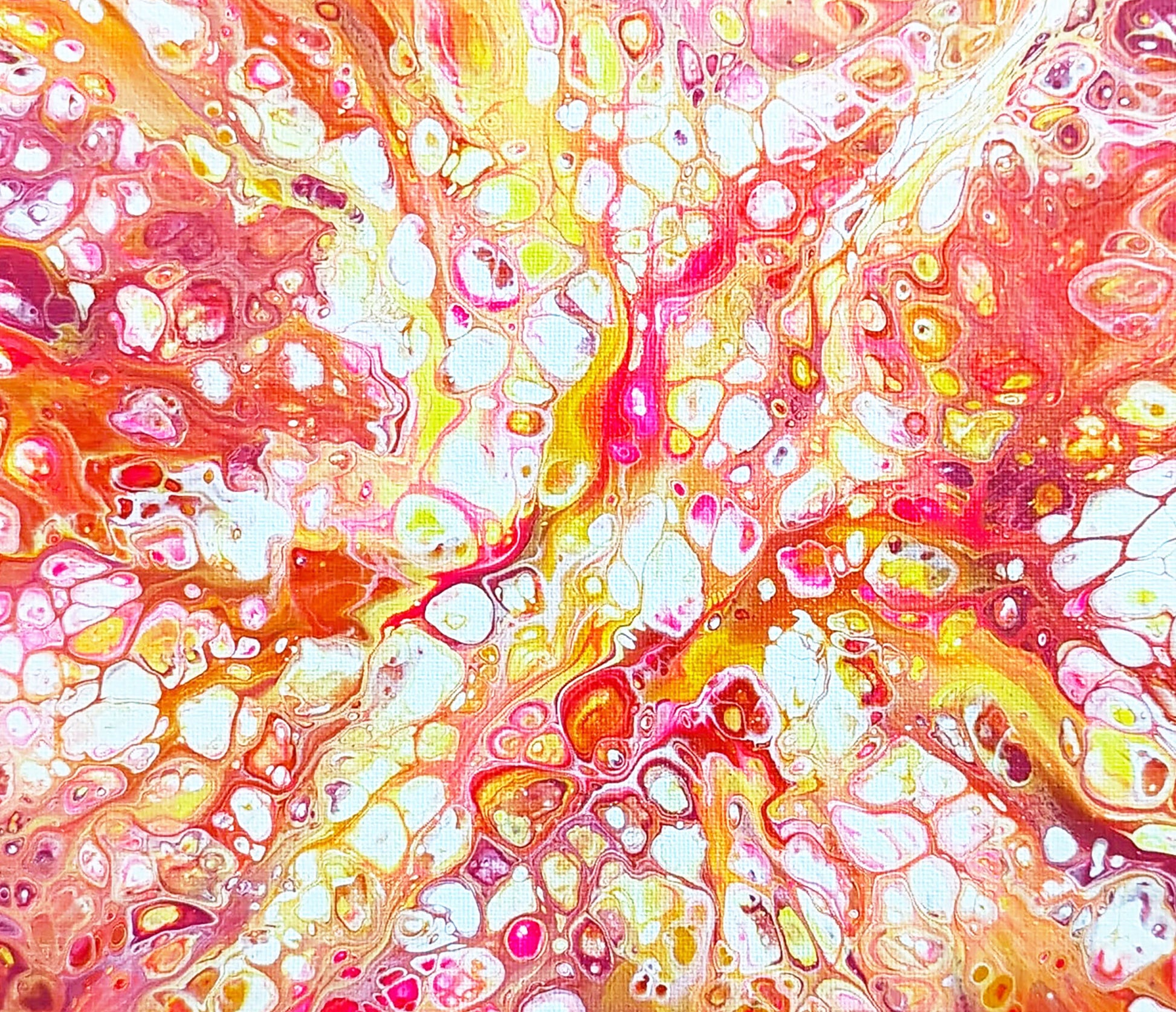 Detailed close-up of “Phoenix Aflame” fluid art print showing fiery red, pink, and yellow cells bursting with movement.