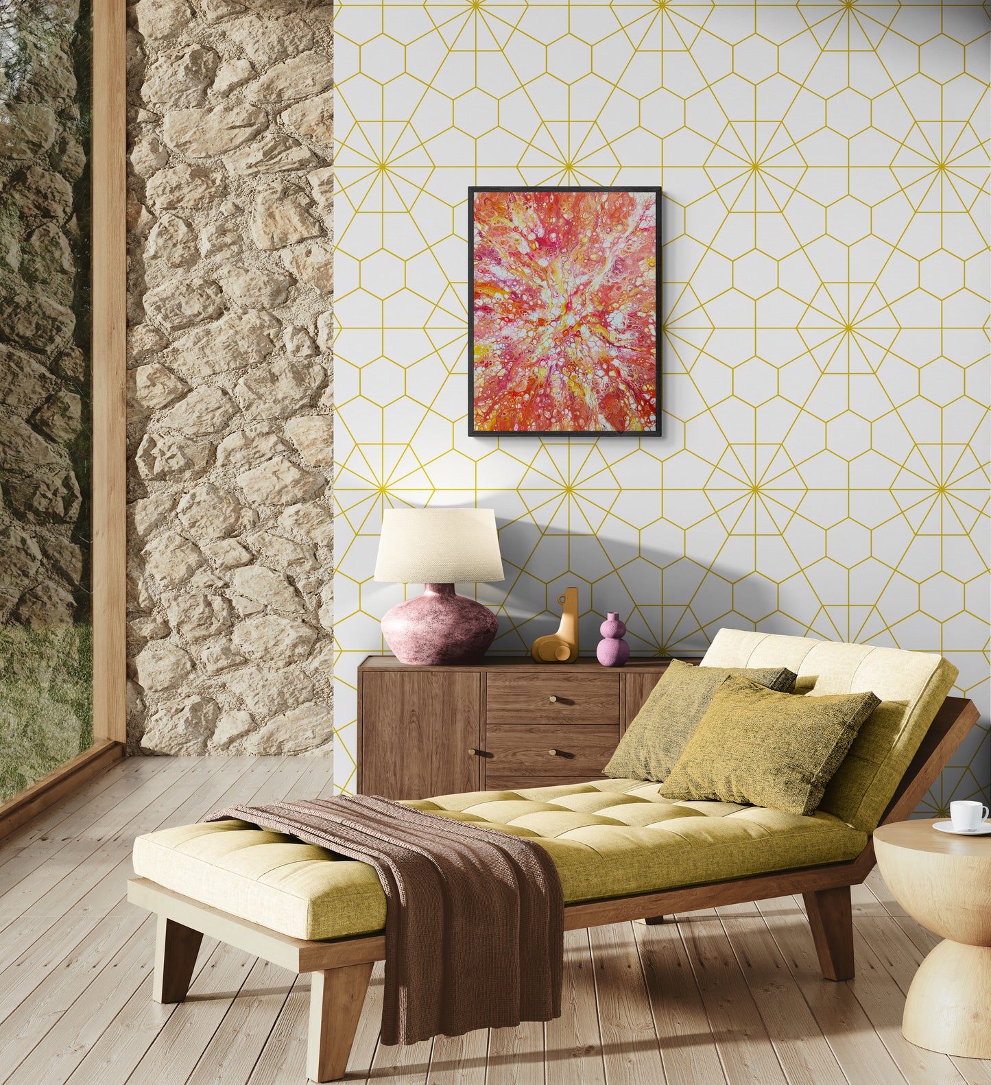 Phoenix Aflame fluid art painting framed in black, styled in a cozy modern living space with stone walls, warm earth tones, and mid-century modern furniture.