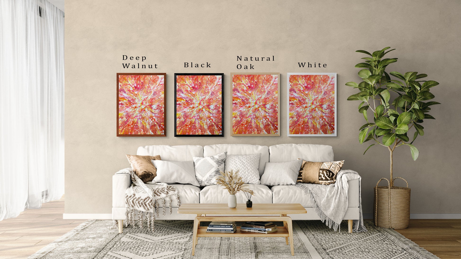 Living room scene with four versions of the same fiery red, orange, and yellow abstract painting, each in a different frame—Deep Walnut, Black, Natural Oak, and White—displayed above a neutral couch.