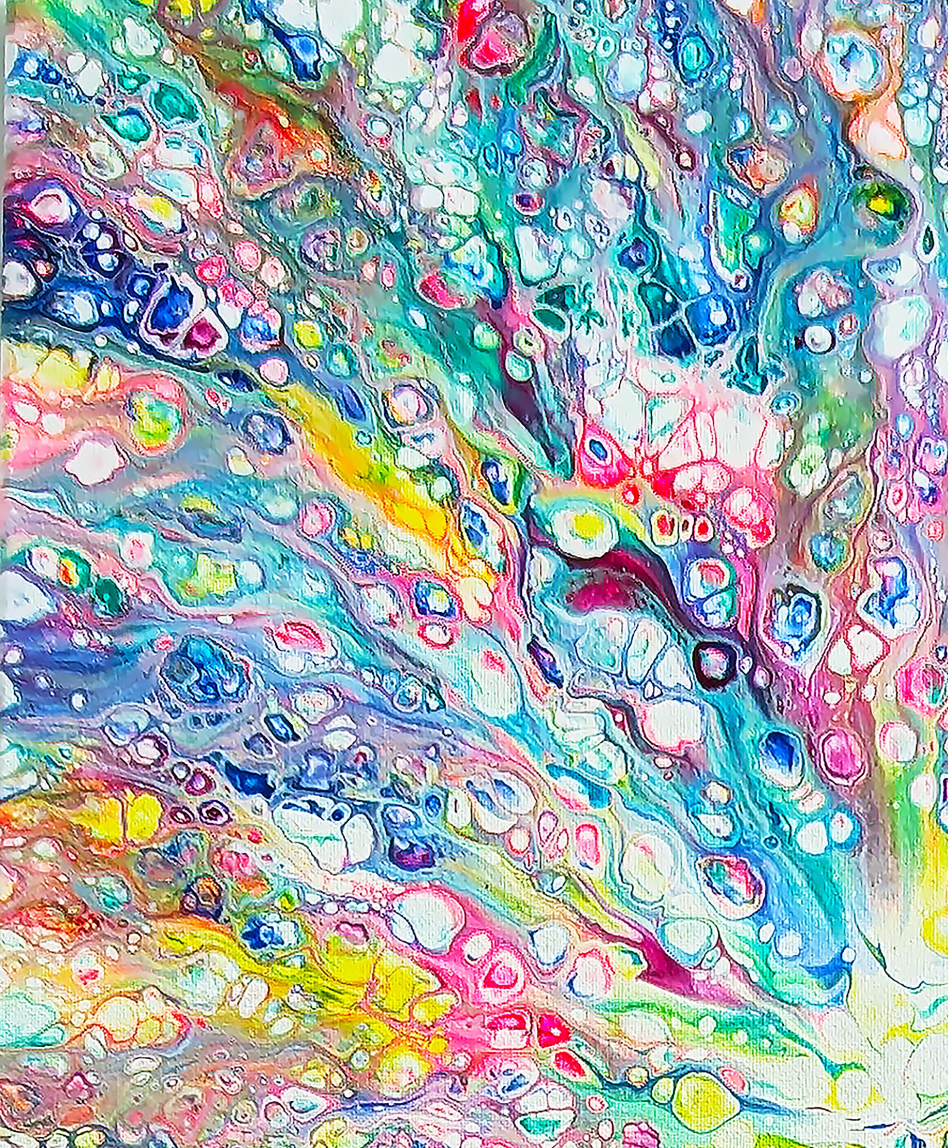 Detailed section of Rainbow Dragon fluid art painting, featuring radiant rainbow lacing and layered paint cells in pink, teal, and yellow