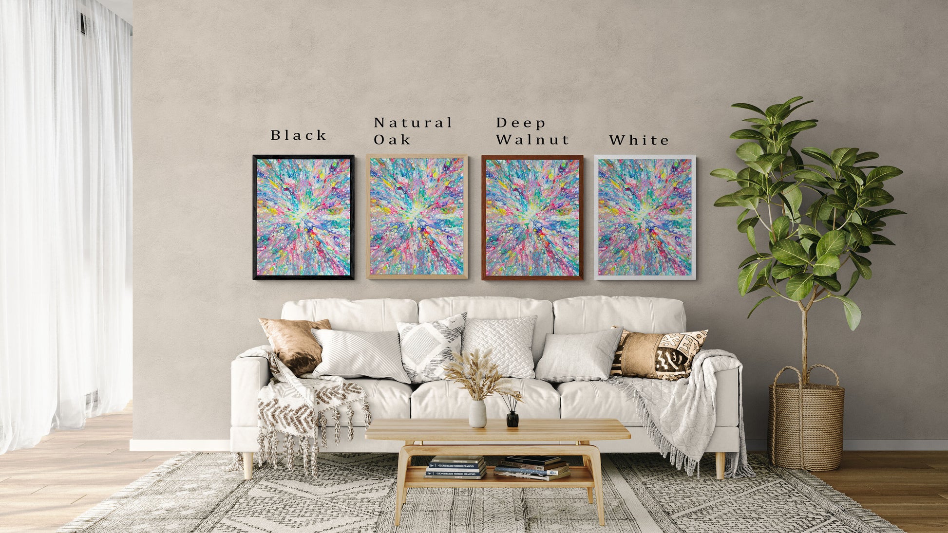 Cozy living room scene with four versions of the same vibrant rainbow abstract painting, each framed differently — Black, Natural Oak, Deep Walnut, and White. The artwork bursts with pinks, blues, yellows, and greens in a fluid, cell-like pattern, displayed above a neutral-toned couch.
