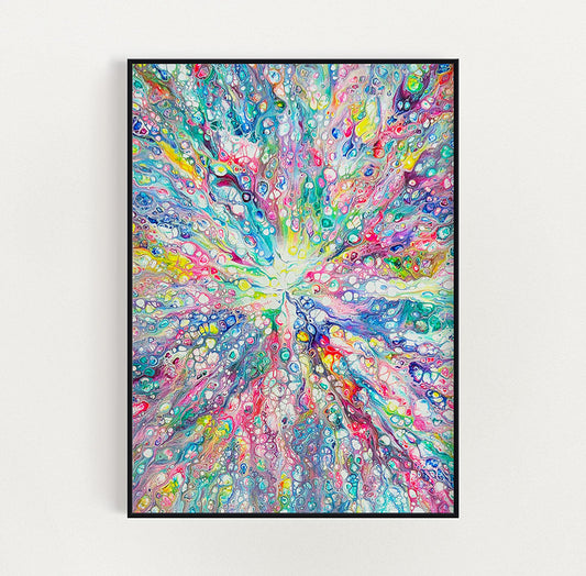 Rainbow Dragon acrylic fluid art painting framed in black, featuring a radiant explosion of rainbow colors against a clean white background.