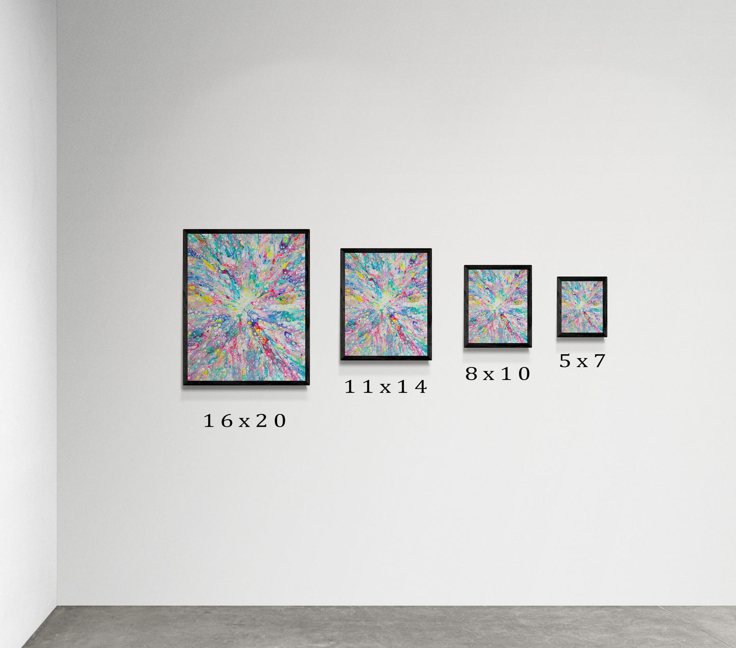 Minimal gallery wall showing the Rainbow Dragon artwork in four print sizes: 16x20, 11x14, 8x10, and 5x7. Each frame is black, and the colorful abstract design radiates outward with swirling rainbow tones.