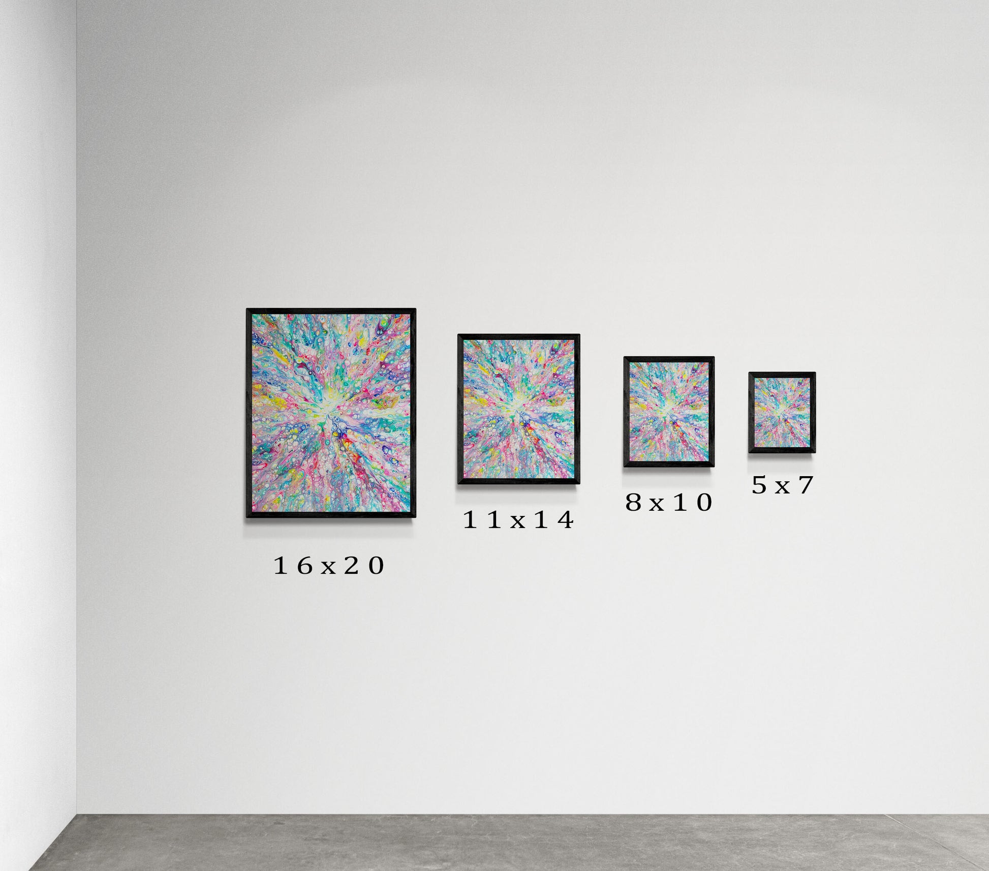Minimal gallery wall showing the Rainbow Dragon artwork in four print sizes: 16x20, 11x14, 8x10, and 5x7. Each frame is black, and the colorful abstract design radiates outward with swirling rainbow tones.