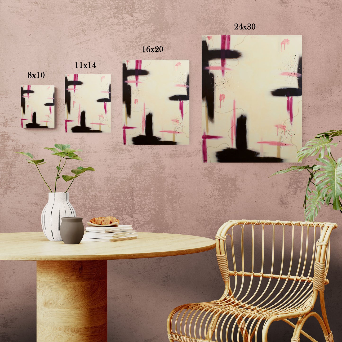 A size comparison guide for a contemporary abstract canvas print shown in four sizes: 8x10, 11x14, 16x20, and 24x30, displayed on a textured pink wall above a mid-century modern dining setup.