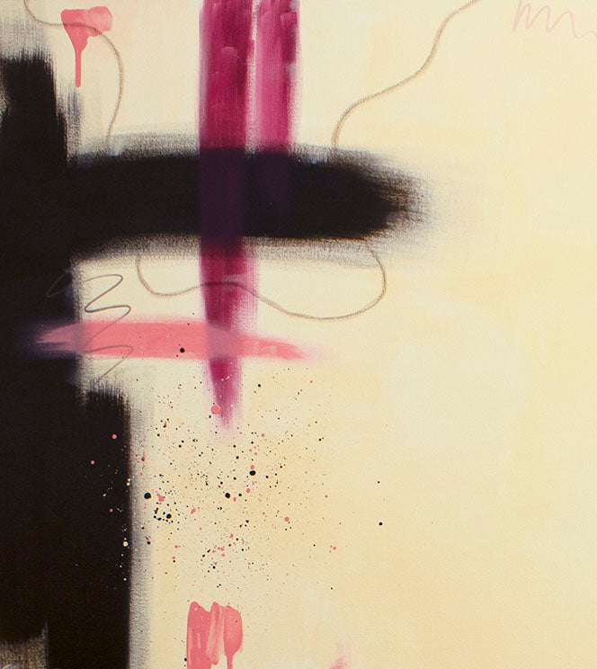 Close-up detail of "Raw Bloom" by Abby May, showcasing the tactile texture of sweeping oil pastel lines and vibrant magenta paint splatters against raw umber.