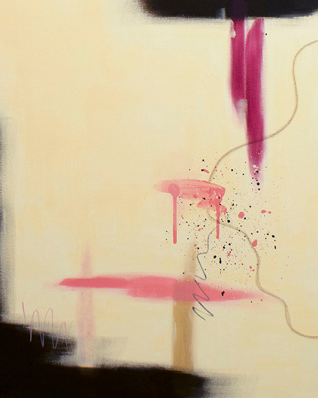 Artistic macro shot of "Raw Bloom" abstract painting, highlighting the contrast between the heavy raw umber structures and delicate, layered mixed media details.