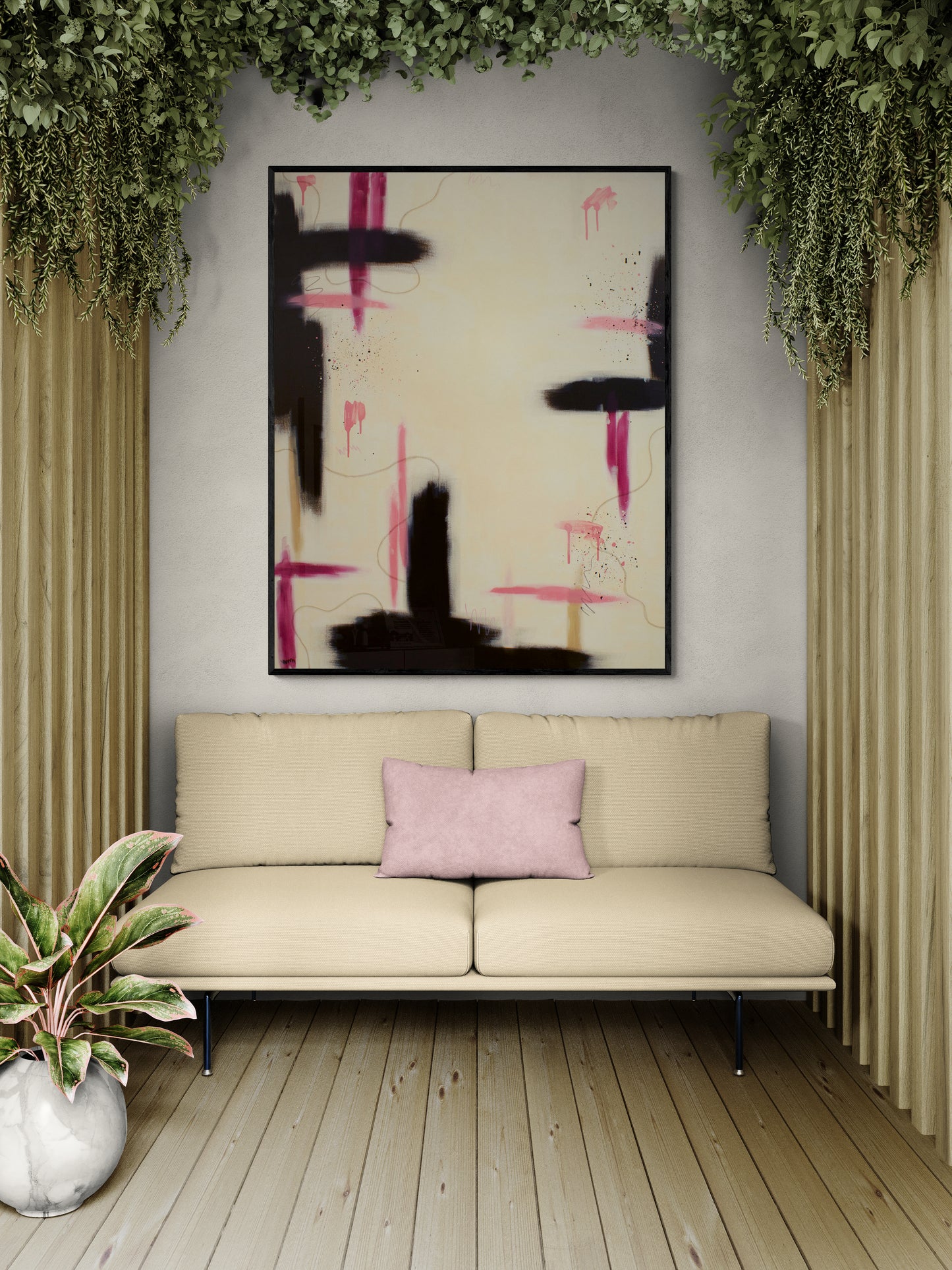 "Raw Bloom" original painting displayed in a bright, modern interior near garden views, highlighting the organic movement of the oil pastel lines and floral-inspired palette.