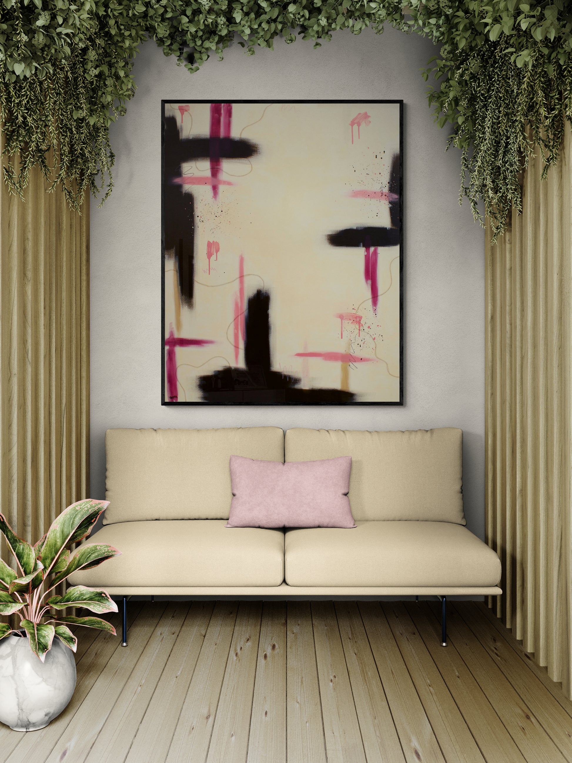 "Raw Bloom" original painting displayed in a bright, modern interior near garden views, highlighting the organic movement of the oil pastel lines and floral-inspired palette.