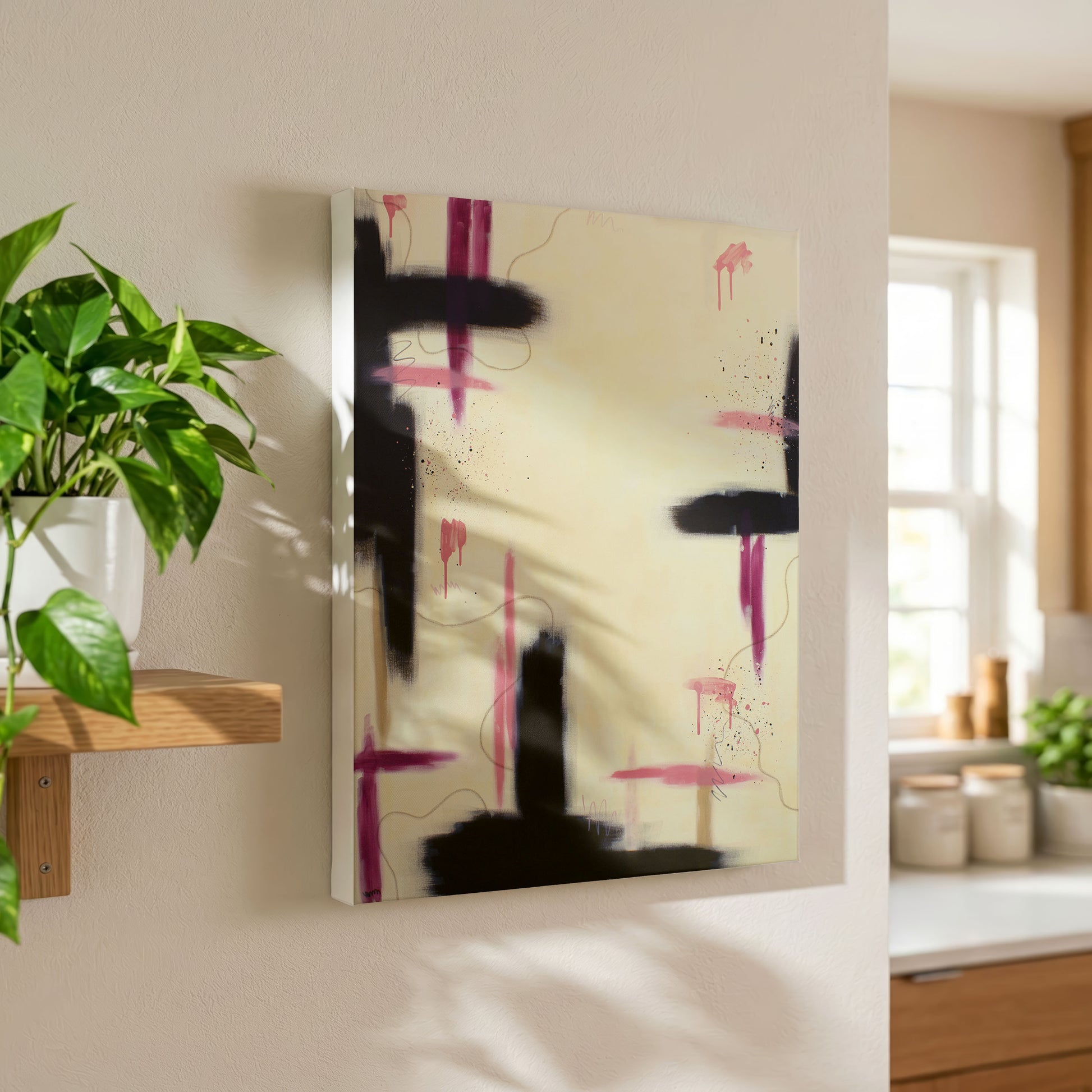 A small canvas print of the painting in a lifestyle setting near a kitchen with a simple wooden shelf on the left holding a potted house plant.