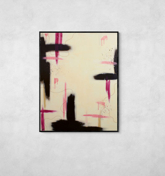 Interior design inspiration featuring "Raw Bloom" by Abby May Art, a sophisticated abstract piece that balances grounding raw umber with expressive, colorful energy.