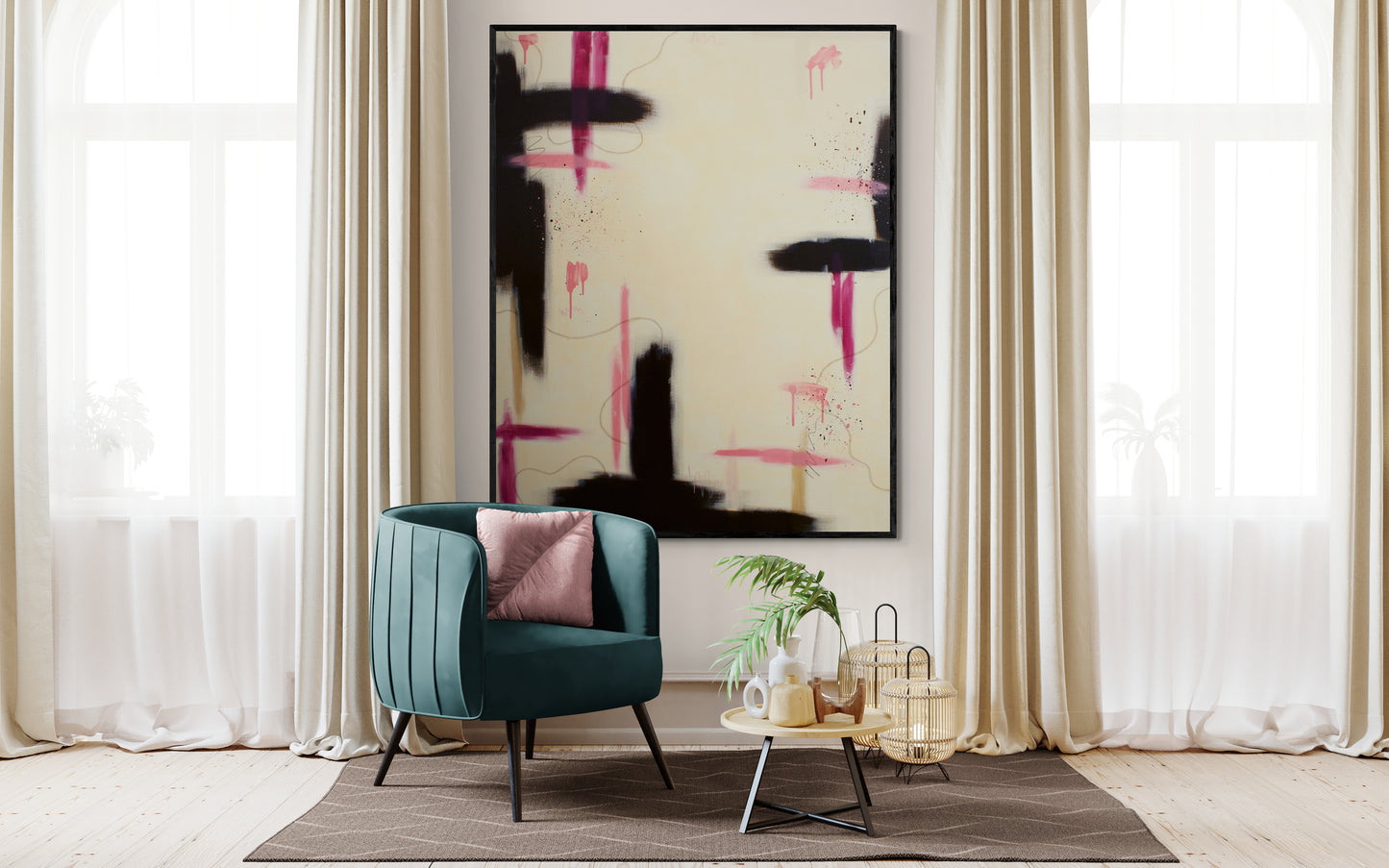 Large abstract art "Raw Bloom" by Abby May styled above a neutral rug, showing how the magenta and plum accents bring warmth and modern energy to a living space.