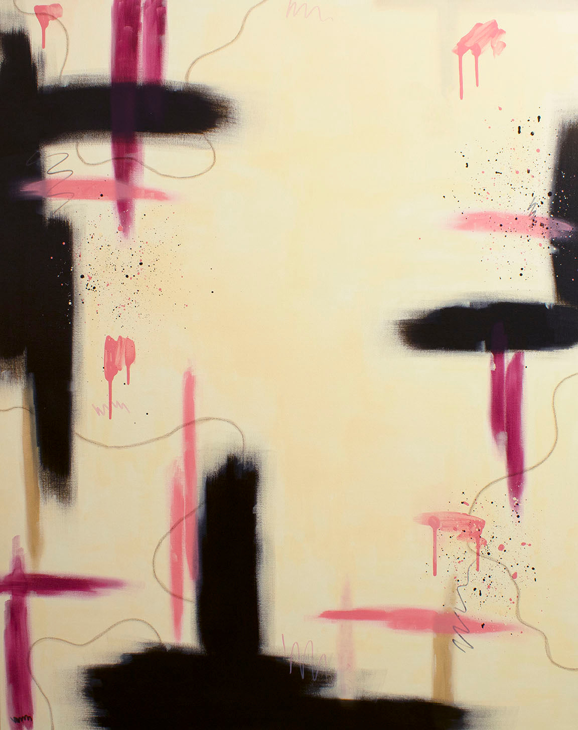 "Raw Bloom" original abstract painting by Abby May. Features bold raw umber architectural strokes framing a creamy white center with vibrant magenta and pink paint drips.