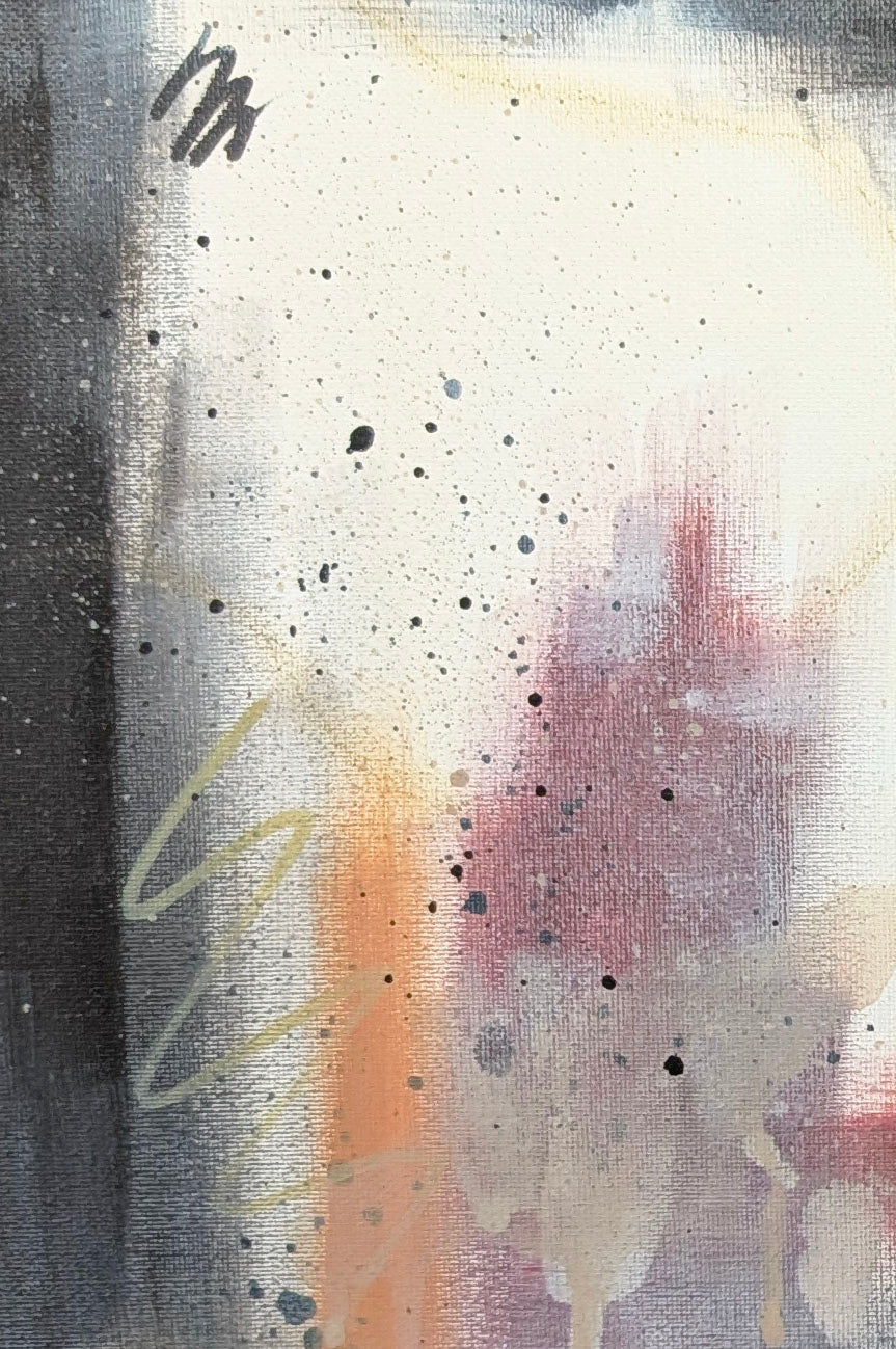 Close-up of “Rooted” by Abby May showing layered neutral tones, soft blush accents, splatter details, and textured acrylic brushwork.