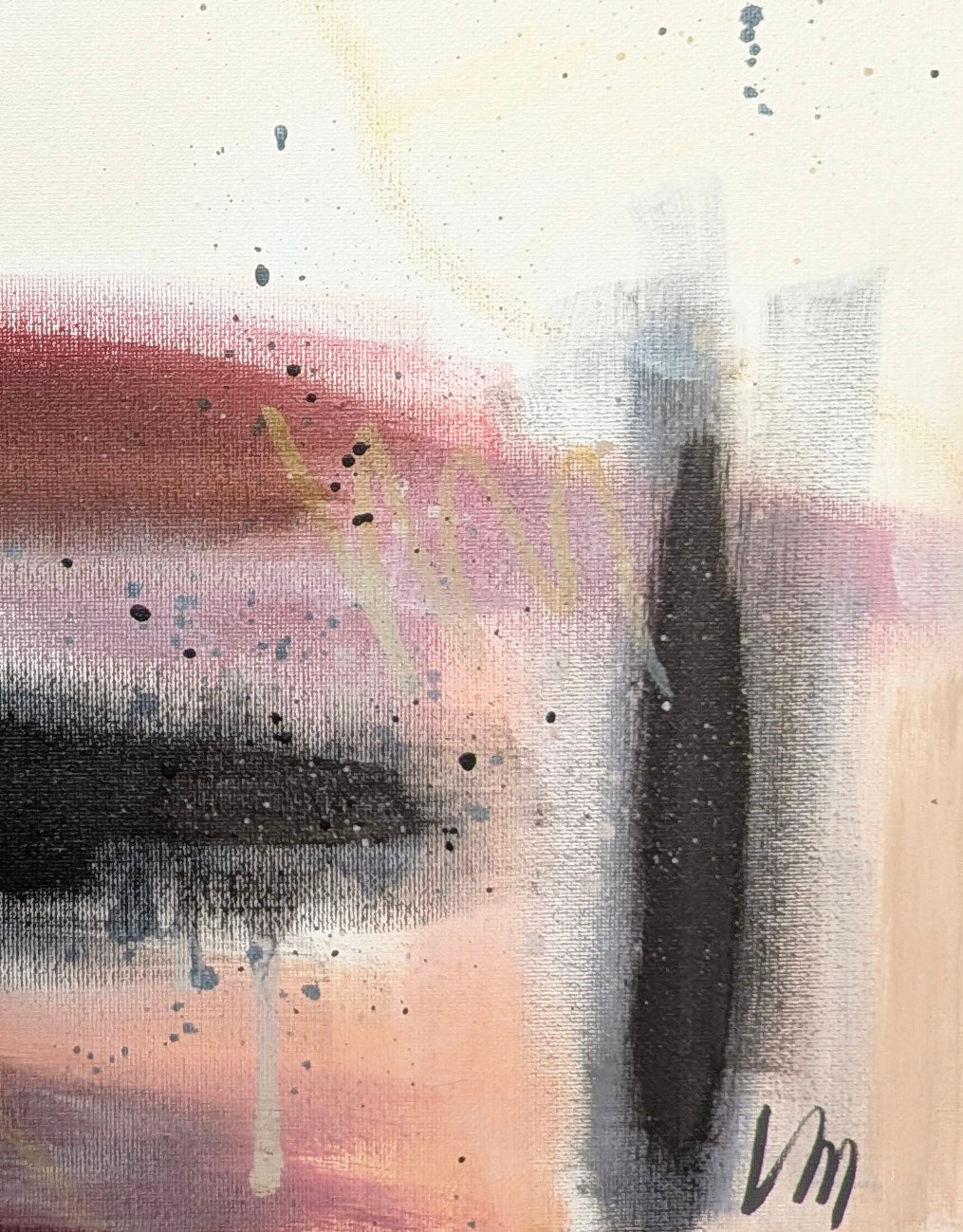 Detail view of abstract painting “Rooted” by Abby May featuring raw umber strokes, warm blush layers, subtle marks.
